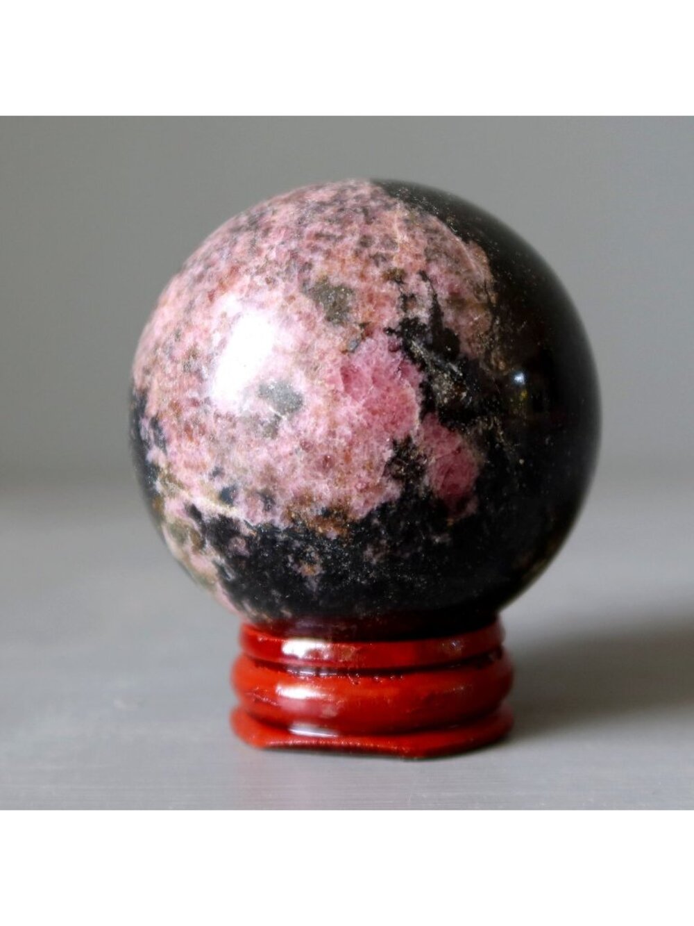 Rhodonite Sphere Rich Black Manganese Rosy Pink Crystal Ball w/ Display Stand